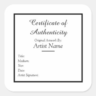 Quadrado Certificado de autenticidade adesivo para arte
