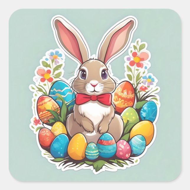 Quadrado Coelho da Páscoa castanha com adesivo de ovos. (Frente)