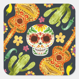 Quadrado Crânio e Guitarras Dia de Muertos Adesivo