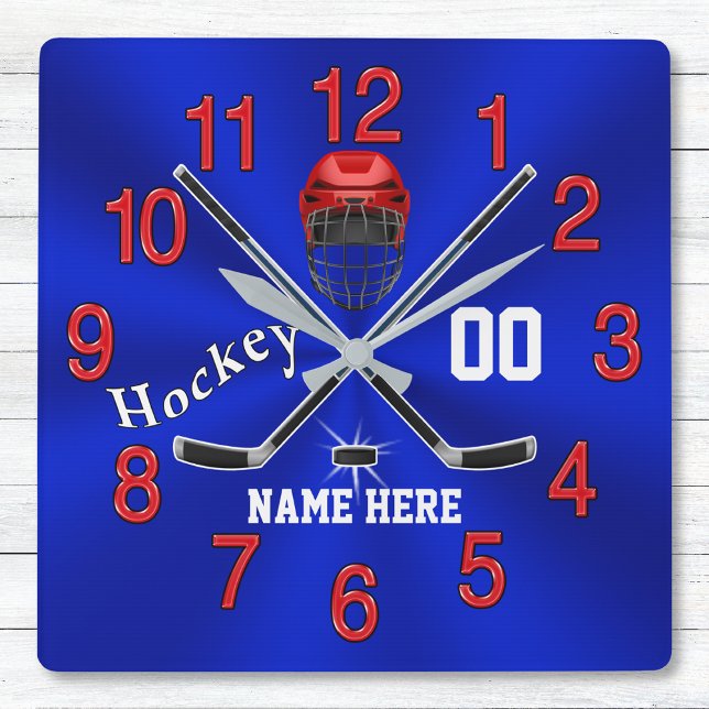 Quadrado Decado da Sala de Hóquei do Relógio Vermelho Branc (Personalized, Hockey Clocks. Nice, hockey gifts for players. Hockey birthday gifts. Home room decor.)