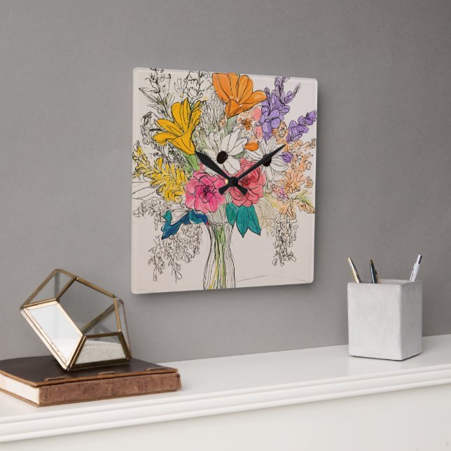 Quadrado Desenhos de relógio Floral Elegante para charme (Escritório)