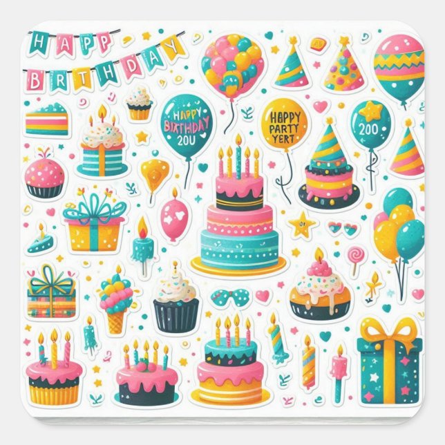 Quadrado Embalagem com adesivo de aniversário festivo" (Frente)