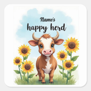 Quadrado Embalagem com adesivo de Vaca de Aquarela - [Name]