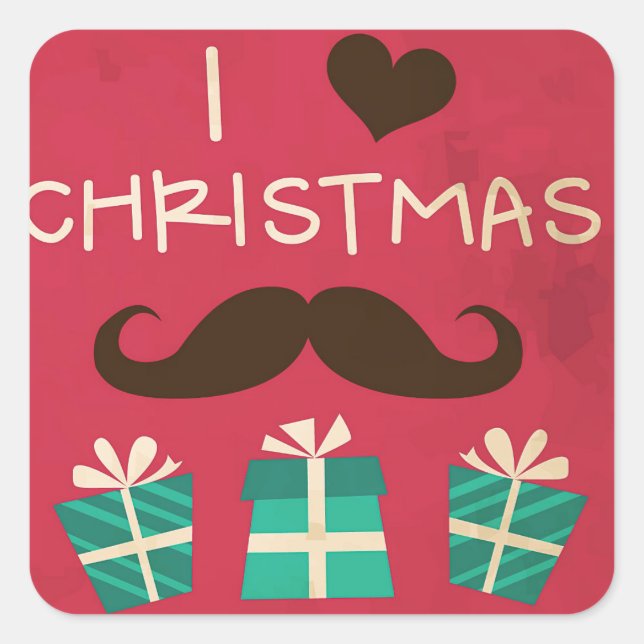 Quadrado Eu adoro o adesivo de bigode de Natal (Frente)