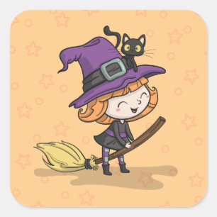 Quadrado Feiticeira e Gato do Halloween Adesivo