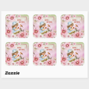 Quadrado Feliz Aniversário Floral Vintage Menina Adesivo Qu