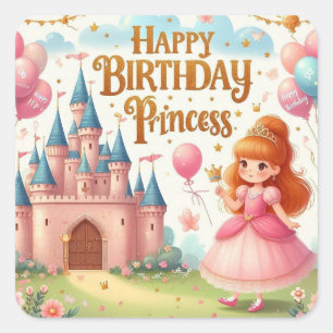 Quadrado Feliz Aniversário Princesa – Adesivo de Festa Rosa