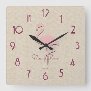 Quadrado Flamingo Cor Rosa Engraçado Adicionar Nome Relógio