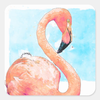 Quadrado Flamingo Rosa e Selo de Adesivo Aquarela Azul