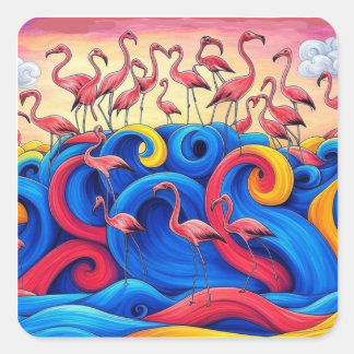 Quadrado Flamingos no Mar, Adesivo 1.5x1.5 pol, folha de 20