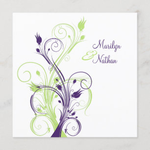 Quadrado floral branco verde roxo. Convite do
