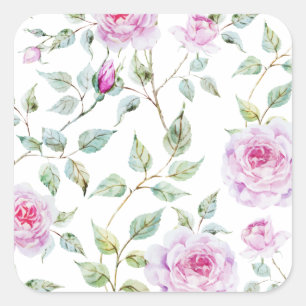 Quadrado Folhas de Aquarela Elegante e Rosas Selo adesivo