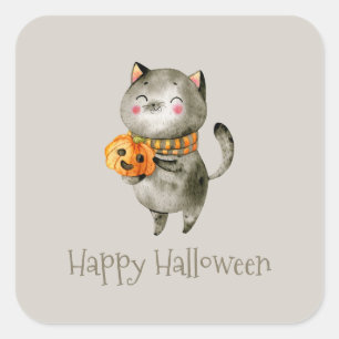 Quadrado Gato de Halloween bonito com abóbora   Adesivo