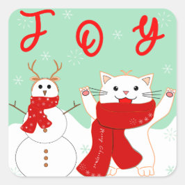 Quadrado Gato Feliz Com Boneco de Neve | Adesivo de Natal F