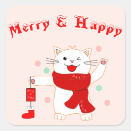 Quadrado Gato Fofo Alegre & Feliz | Adesivo de Natal Fofo