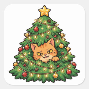 Quadrado Gato na Árvore de Natal Adesivo Engraçado