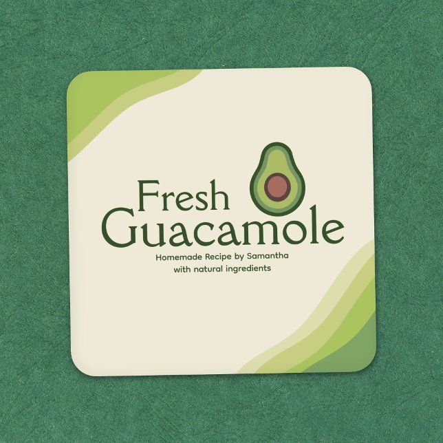 Quadrado Ícone de Abacate - Adesivo de Rótulo de Guacamole  (Avocado Icon - Modern Guacamole Label Sticker)