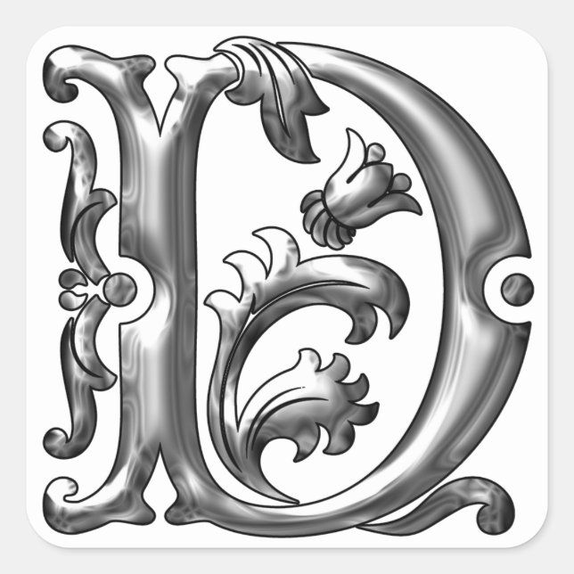 Quadrado Letra D maiúscula inicial adesivo em prata (Frente)