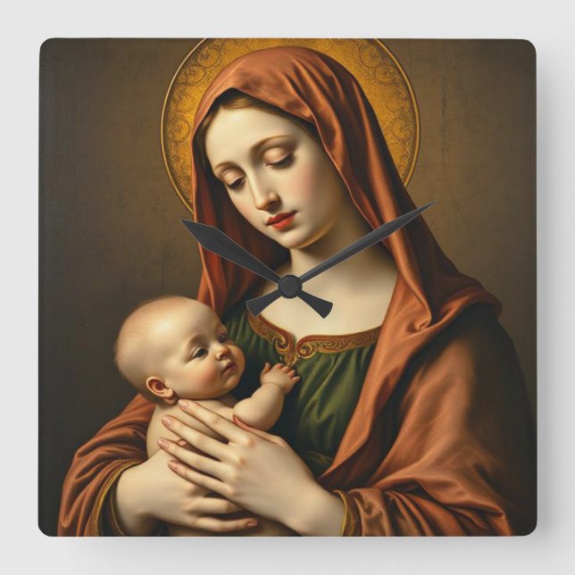 Quadrado Mãe Mary e Bebê Jesus Muro Relógio (Frente)