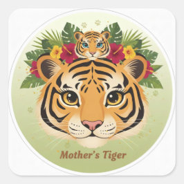 Quadrado Majestosa Mãe Tigre e Filhote Adesivo Floral - Mãe