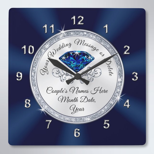 Quadrado Marinho Azul, Relógio de Casamento Personalizado P (Navy Blue and Silver Wedding Clock. Spinel anniversary gifts. Personalised wedding clocks. )