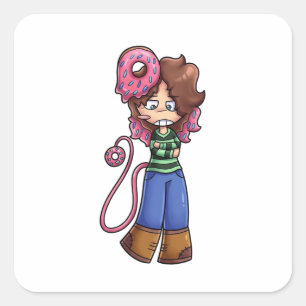 Quadrado Menina Chibi de Adesivo com Cabelo Rosa 