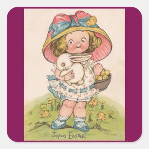 Quadrado Menina Vintage Com Adesivo de Páscoa de Coelho