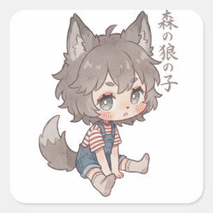 Quadrado Menino Lobo Floresta Chibi Adesivo