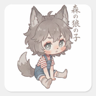 Quadrado Menino Lobo Floresta Chibi Adesivo 
