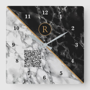 Quadrado Monograma Relógio seu Código QR - Marble Preto Bra