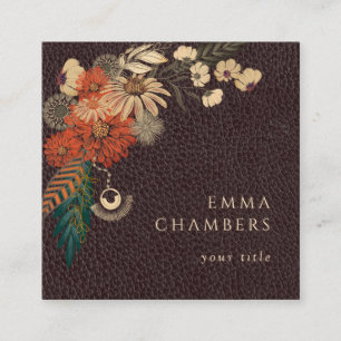 Quadrado Moto Boho Floral Brown Leather Cartão de visita