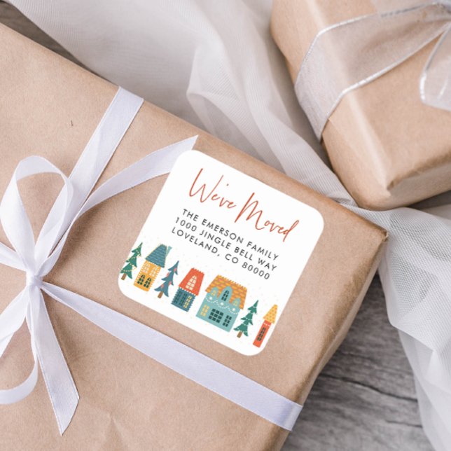 Quadrado Movemos o adesivo de feriado (We've Moved Holiday Retro Houses Envelope Seal)