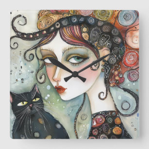 Quadrado Mulher Elegante e Relógio de Gato