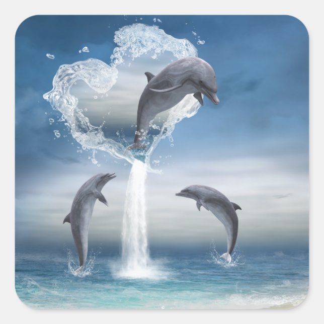 Quadrado O coração do adesivo dos golfinhos (Frente)