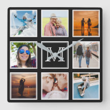 O relógio da parede de fotos, monogramas e cores