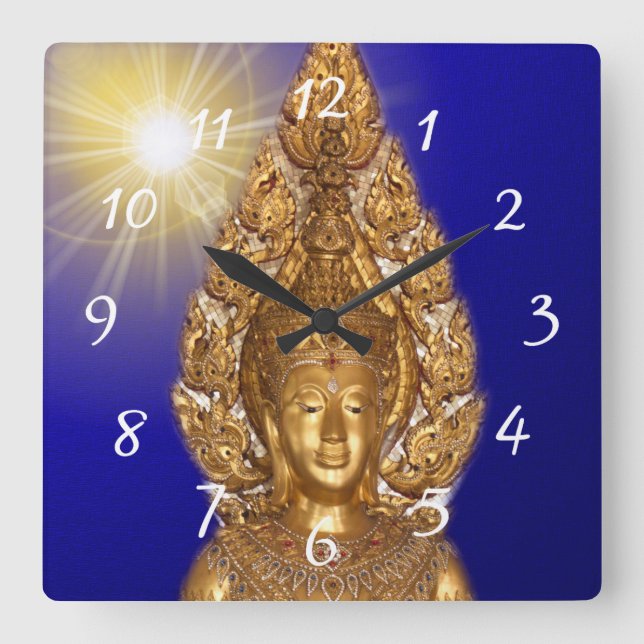 Quadrado ouro buddha no relógio da parede quadrada azul (Frente)