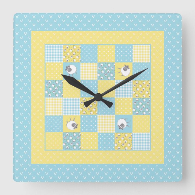 Quadrado Ovelha galesa divertida, Faux Patchwork, Relógio d (Frente)
