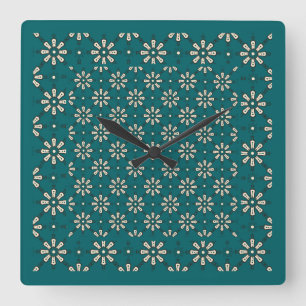 Quadrado Padrão De Flor, Creme, Teal Escuro: Relógio De Par