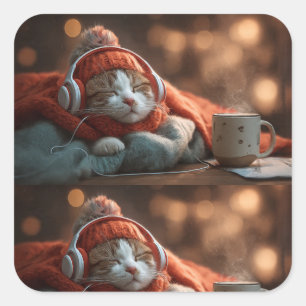 Quadrado Pausa Suave – Adesivo de Gato Aconchegante de Inve
