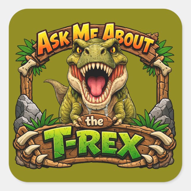 Quadrado Pergunte-me sobre o T-Rex | Adesivo de 3 polegadas (Frente)