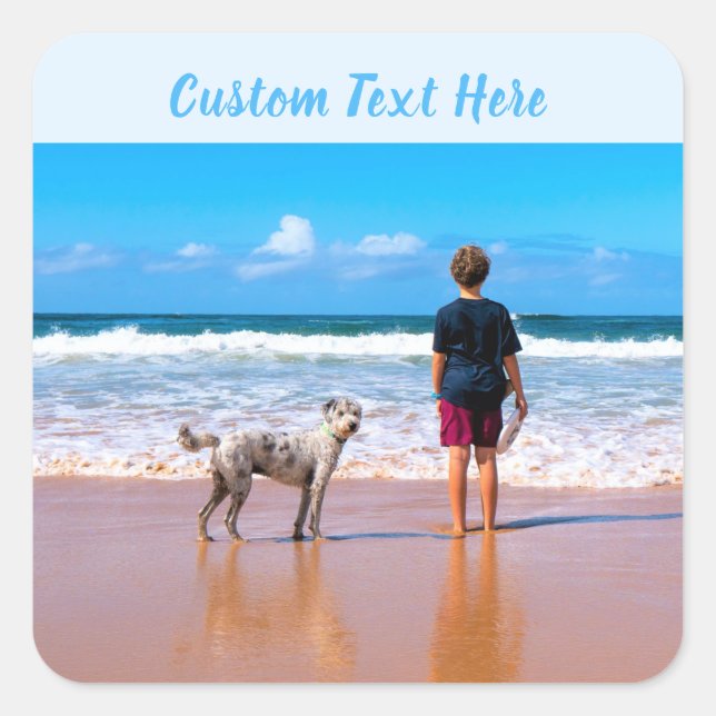 Quadrado Personalizado o seu adesivo fotográfico com texto  (Frente)