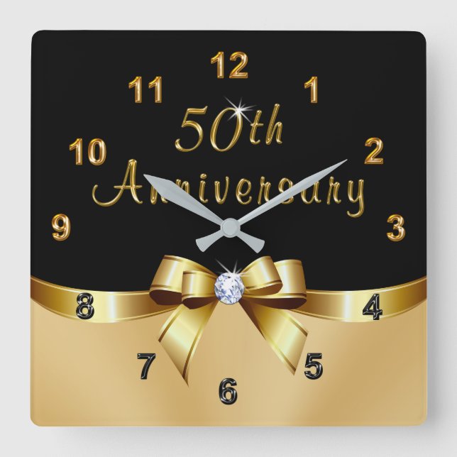 Quadrado Presentes de 50 anos, preto e Dourado, relógio (Frente)