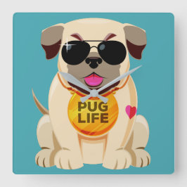 Quadrado Pug Life - relógio de cor personalizado