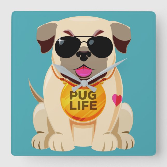 Quadrado Pug Life - relógio de cor personalizado (Frente)