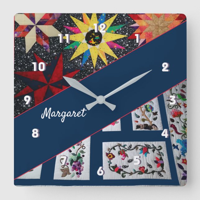 Quadrado Quilogramas de flores e estrelas grande relógio (Frente)