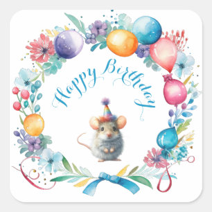 Quadrado Rato bonito Vestindo um adesivo de chapéu de festa