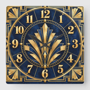 Quadrado Relógio Art Déco Azul Marinho & Dourado Glamour