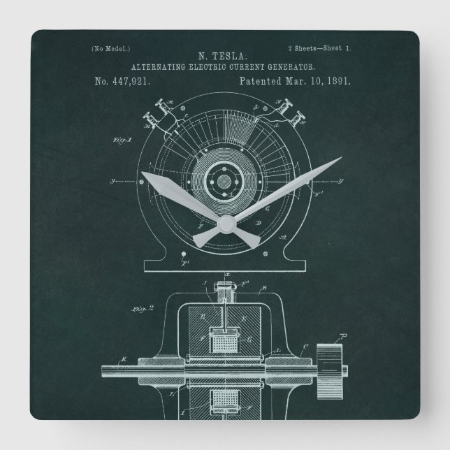 Quadrado Relógio Blueprint do motor Tesla AC (Frente)