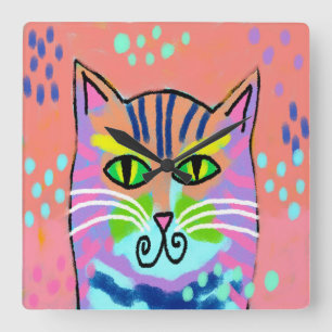 Quadrado Relógio Colorido de Gato de Abstrato