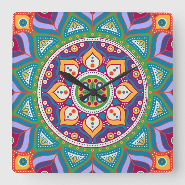 Quadrado Relógio Colorido de Mandala (Frente)